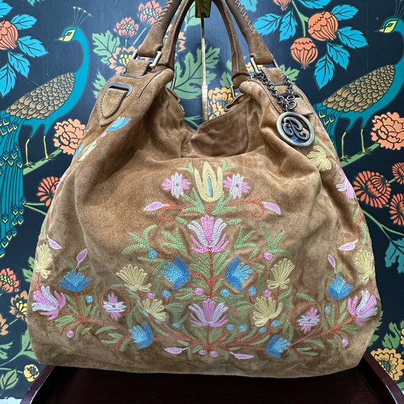 Bally Vintage Embroidered Suede Hobo Tote Bag – Brown with Floral Detailing - Picture 3 of 13